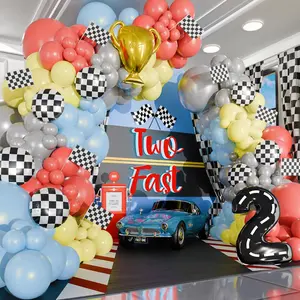 All-In-1 Two Fast Race Car Balloon Arch Kit With Bonus Trophy & Number 2 - Cars Balloon Garland Kit For Vintage Retro Race Car Birthday Party Supplies & 2 Fast Cars Birthday Decorations