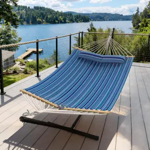 EROOMY Modern Rope Hammock with Stand, Portable Outdoor Hammock for Backyard, Beach & Camping, Blue Stripes