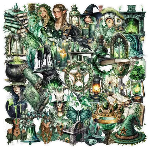 Forest Witch Series Sticker, 50pcs/set Self Adhesive Decorative Stickers, DIY Decals for Water Bottle, Laptop, Cellphone Case, Scrapbooking, Journal Making, Protective, Accessories, Halloween