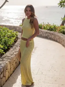 Women's Solid Color Cover Up Set, Sheer Cover Up Tank Top & Skirt Set, Ladies Beach Holiday Vacation Swimwear, Swimsuit Coverup, Beach Cover Ups, Womenswear