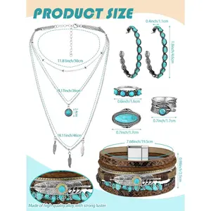6 Pcs Bohemian Turquoise unique Jewelry, Layered Pendant Long Choker Bracelets Earrings Ring,   Fashion Accessories Suitable for Beach Holiday