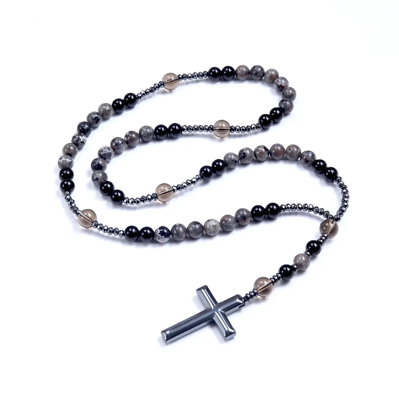 Men’s Natural Stone Beaded Cross Necklace, Black and Gray Rosary-Style Prayer Beads with Cross Pendant, Christian Religious Gift for Him