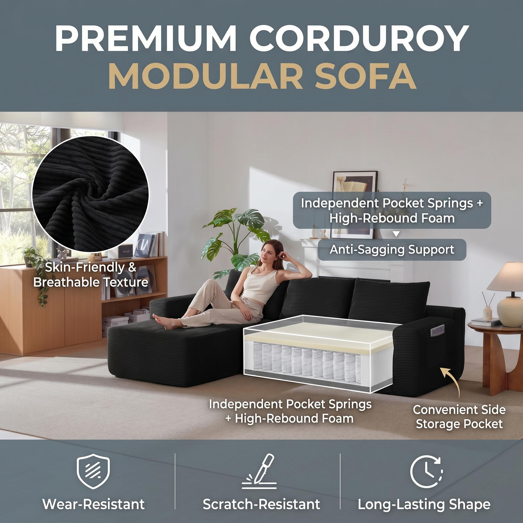 Modern L-Shaped Armless Modular Sectional Couch,Living Room Cloud Sofa with Recliner,Ergonomic Support,Convenient Storage,Premium Corduroy Fabric,Spring-Foam Hybrid Filling,Easy Installation,Boneless Design,Outdoor Leather Ottoman furniture couch bean bag