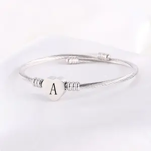Women's Stainless Steel Cuff Bracelet Heart Initial A-Z Engraved Silver Charm Open Bangle for Girls Festival Gift