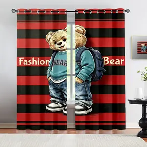 Fashionable cartoon trendy teddy bear print pattern, 2 curtain sets, suitable for living room, balcony, and bedroom windows, perfect for home, seasonal, holiday room decoration, Interior Decoration Accessories
