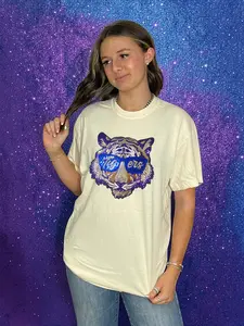 Sequin Blue and Purple Tiger Sunglasses Head Patch T-Shirt