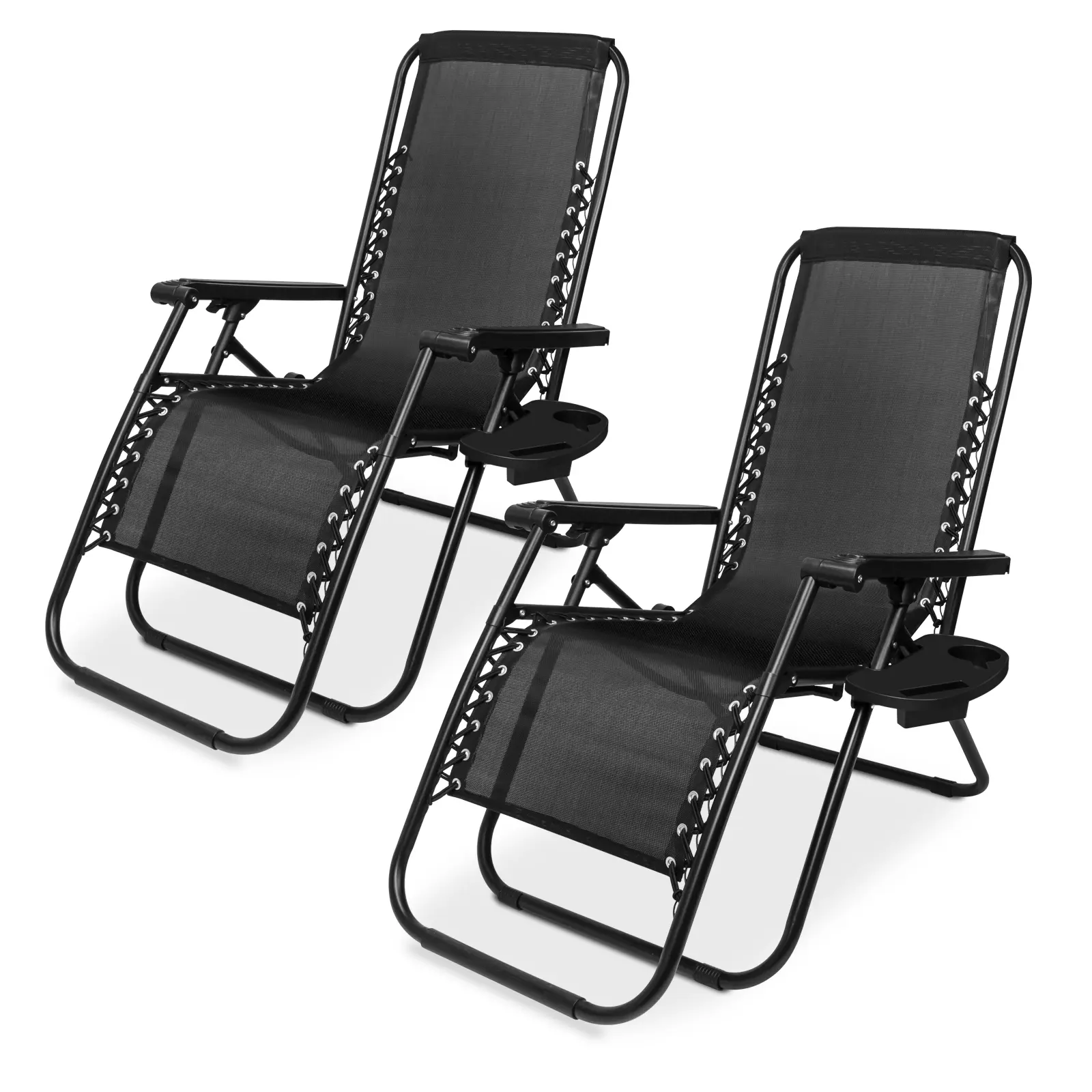 Set of 2 Adjustable Steel Mesh Zero Gravity Lounge Chair Recliners w/Pillows and Cup Holder Trays Set of 2 Adjustable Steel Mesh Zero Gravity Lounge Chair Recliners w/Pillows and Cup Holder Trays