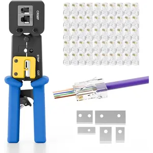 RJ45 Pass-Through Crimp Tool Kit for Cat6/5e/5 Connectors, -in- Ratchet  for RJ45/RJ11/RJ12, Includes 50 CAT5E Pass-Through Connectors & 5 Replacement