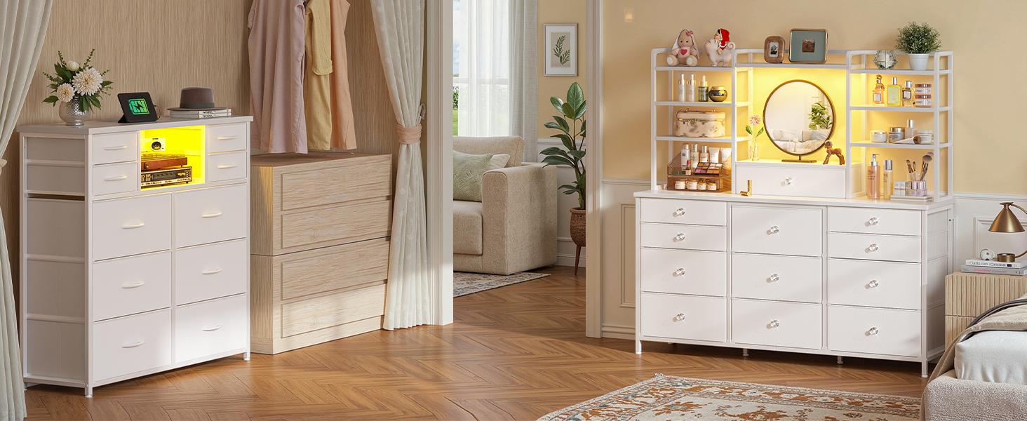 Raybee Dresser for Bedroom with 12 Drawers & LED Lights, Stylish Fabric Dresser Chest of Drawers with Open Shelves& Crystal Handles, Vanity Storage Organizer Unit, Multi-Functional Furniture, Metal Frame & Wooden Shelf for Entryway, Closet, Living Room