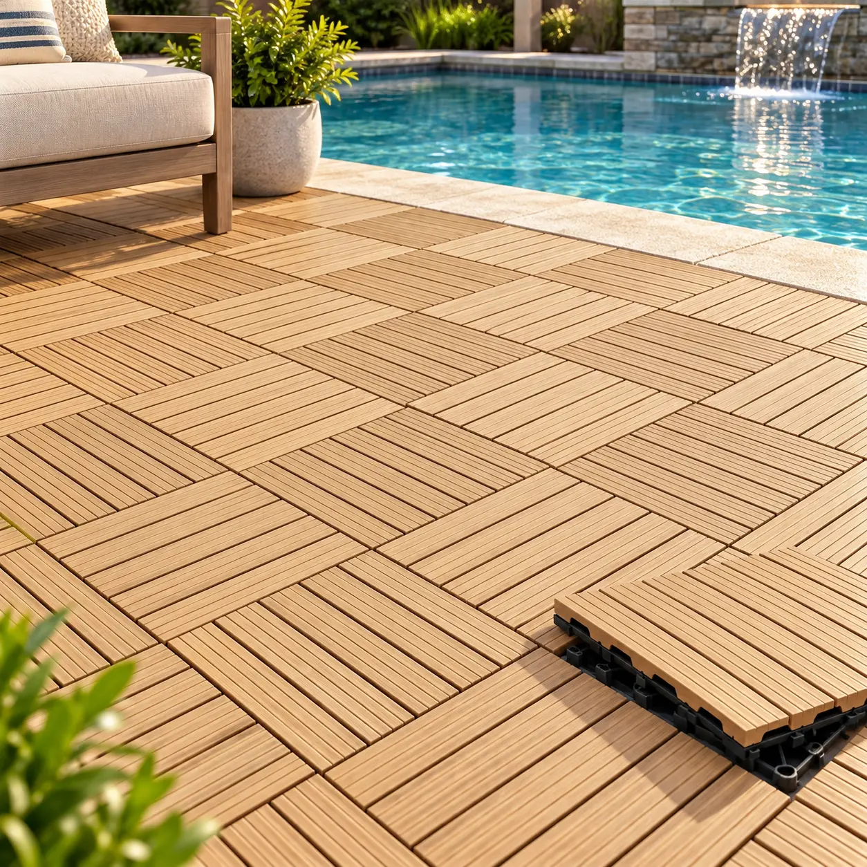 25 Pack Interlocking WPC Deck Tiles, 11.8" x 11.8" Waterproof Outdoor Flooring, Snap-Together Composite Patio Tiles with Drainage Base for Balcony, Porch, Poolside and Backyard