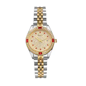Rhinestone Analog Quartz Watch for Women, Waterproof Date Stainless Steel Watch, Iced Out Gold Dial, Adjustable Removable Band, Dress Business Wrist Watch