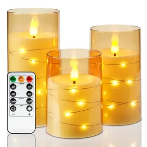 Flameless Candles 3 Set, Flickering Battery Operated Candles Embedded Fairy String Light, Realistic Pillar Candle with Remote Control and Timer, Acrylic Amber Gold, D3 x H4 5" 6" christmas decorations christmas lights