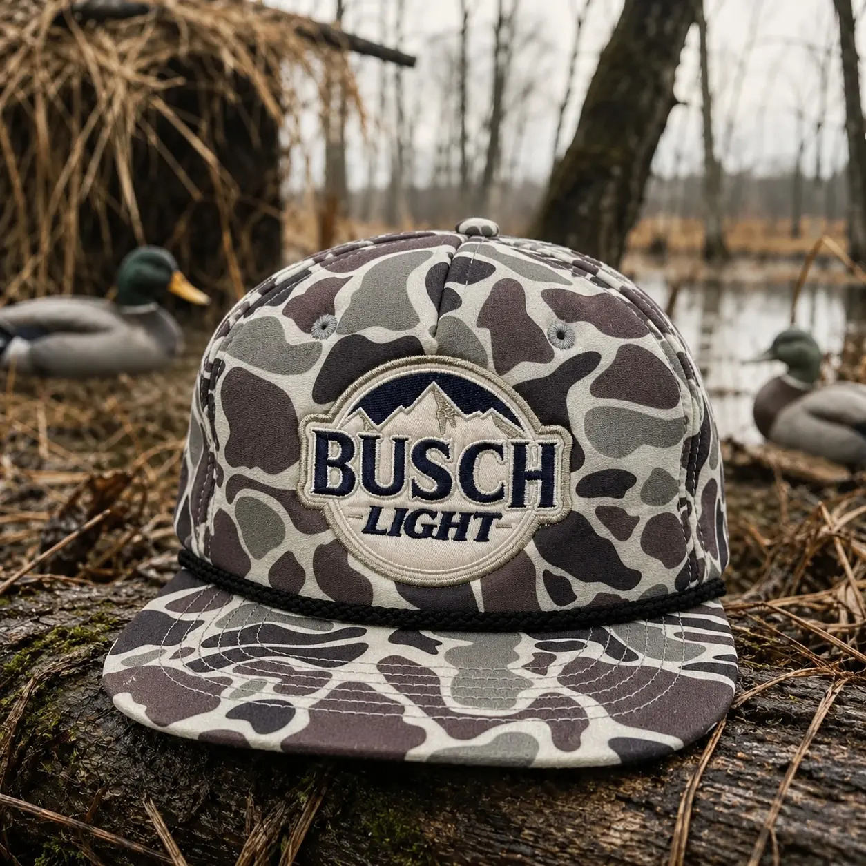 [SAVE 50%] Retro Busch Light Camo Patch Snapback Hat, Vintage Duck Camouflage Rope Cap, Flat Bill Hunting Hat for Men, Outdoor Fishing Gift