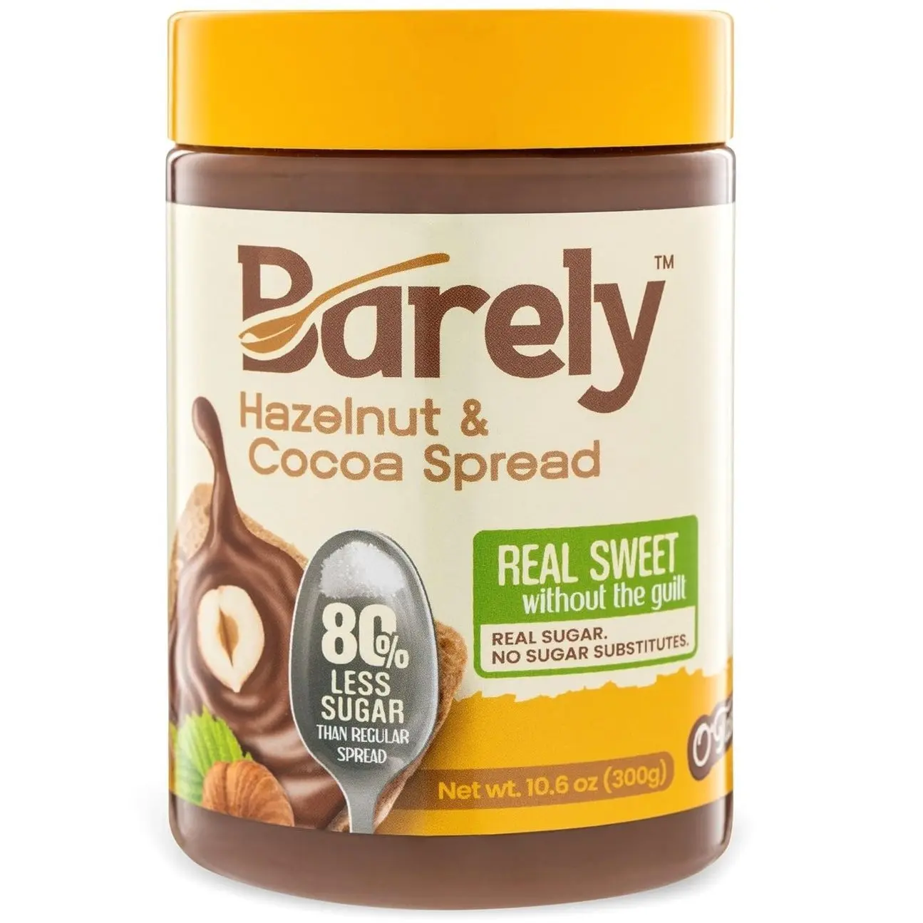 Hazelnut & Cocoa Spread by Barely, Low Sugar & No Artificial Sweeteners, Vegan, Keto Friendly, Delicious Chocolate Spread & Dessert Dip – High in Fiber with just 3.2 g Cane Sugar per Serving (1-Pack)