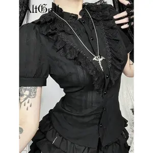 Women’s Gothic Shirt, Dark Court Streetwear Style, Jacquard Textured Top, Puff Sleeve Lace Patchwork Shirt