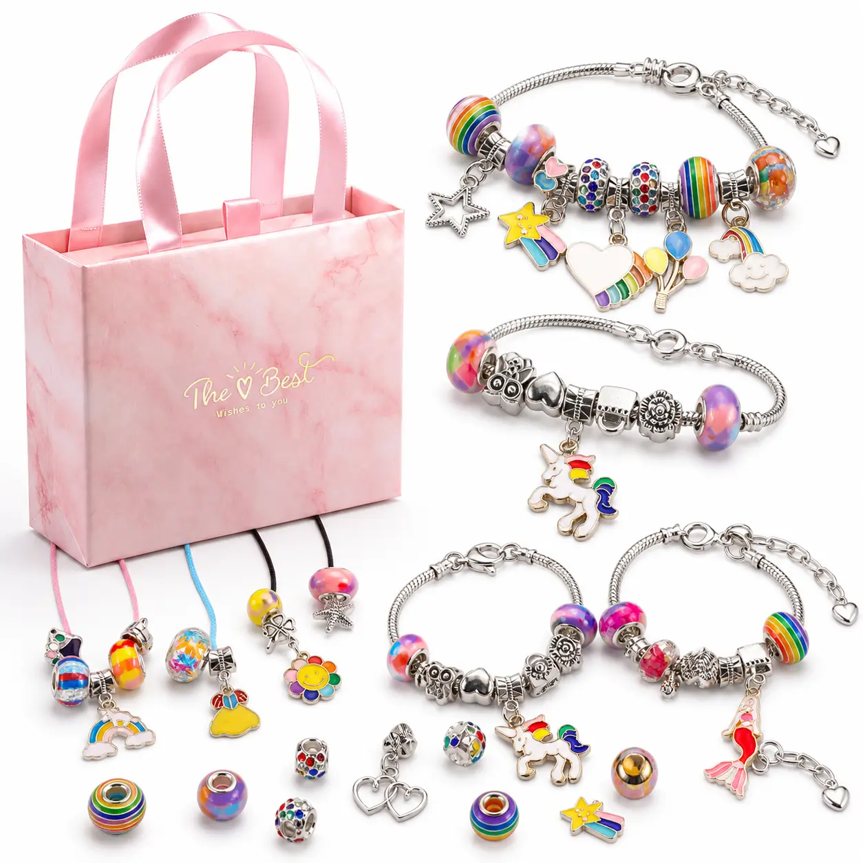 Bracelet Making Kit for Girls, DIY Charm Bracelet Jewelry Set with Beads, Rainbow Unicorn Mermaid Star Heart Charms & Gift Bag, Creative Craft Toy for Kids