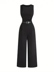 Women's Wide Leg Ruched One-Piece Dress Pantsuit, Jumpsuits, overalls jumpsuit, Womenswear, Belted Casual Minimalist Basic Style, Sleeveless, Slim Fit, Perfect for Commuting & Dates