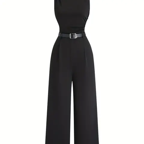 Women's Wide Leg Ruched Sleeveless Jumpsuit, Belted Casual Style, Slim Fit, Perfect for Commuting & Dates, Casual Fashion Jumpsuit