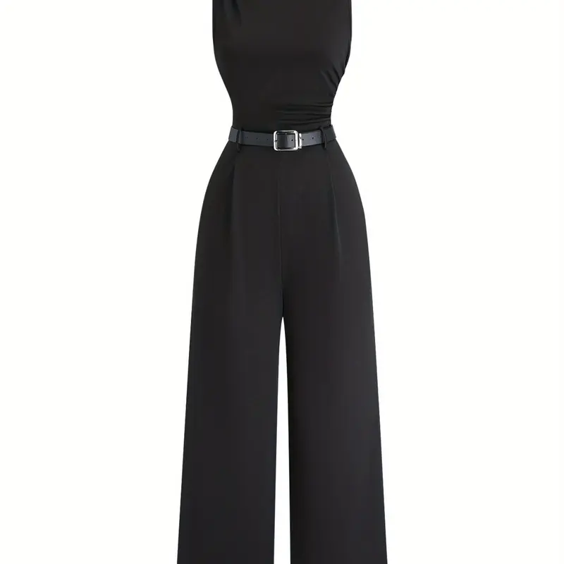 Women's Wide Leg Ruched Sleeveless Jumpsuit, Belted Casual Style, Slim Fit, Perfect for Commuting & Dates, Casual Fashion Jumpsuit