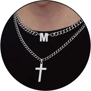 Layered cross initial necklace for men, silver stainless steel mens cross pendant necklaces letter A-Z Cuban link chain necklace for men 16/18 + 2 inches jewelry gift