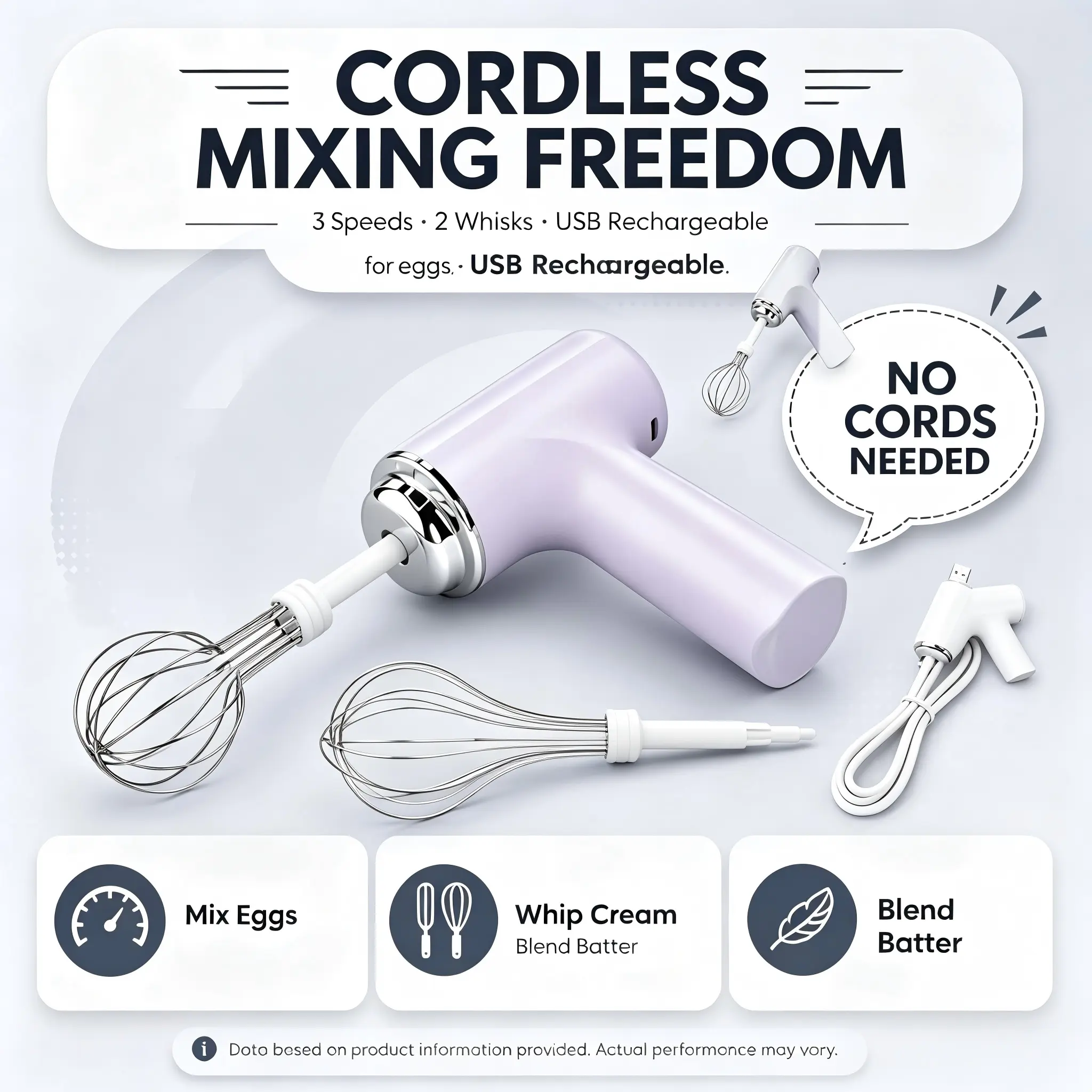3-Speed Rechargeable Hand Mixer - Food Contact Safe, Wear-Resistant, Detachable Washable, Eco-Reusable Kitchen Baking Supply for Home Cake & Cream Making (Party Gift Option)