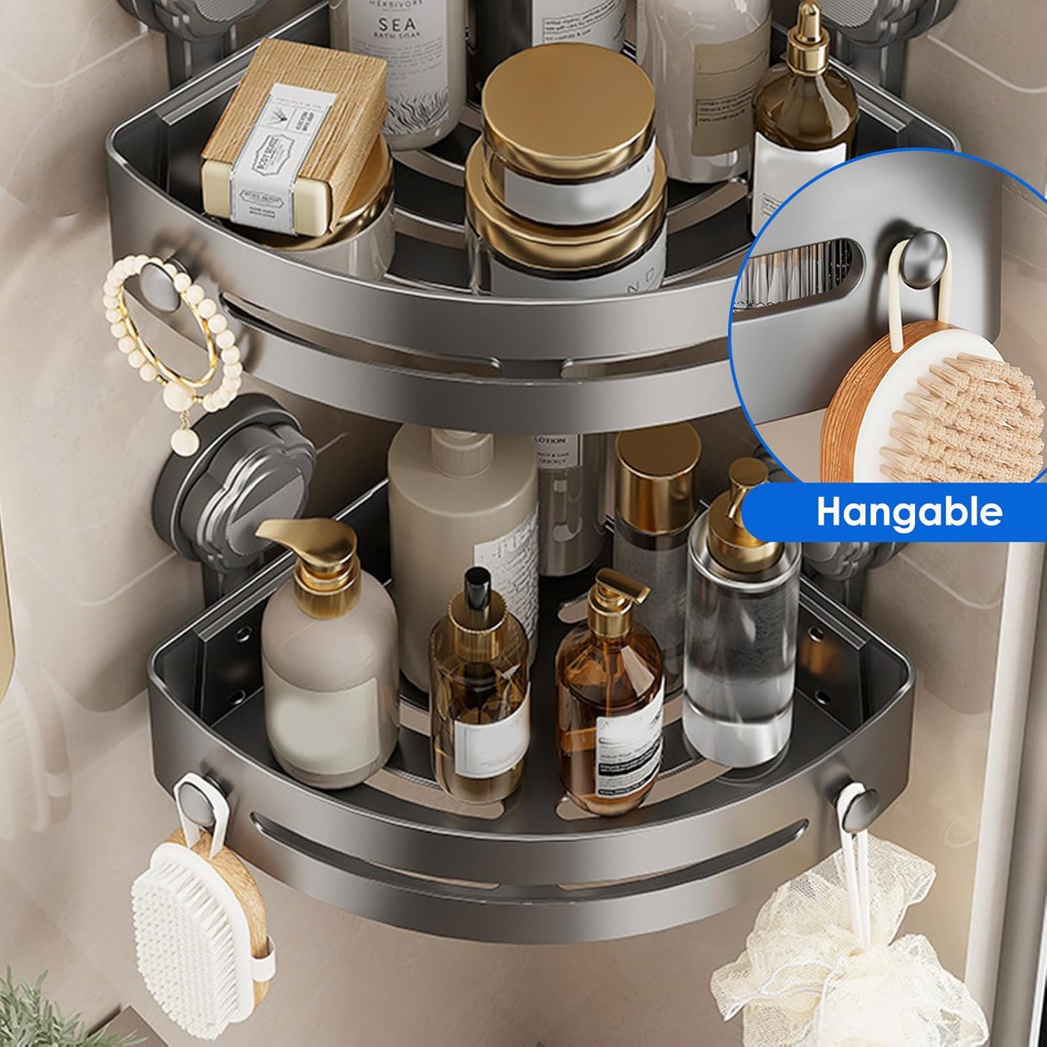 No-Drill Black Suction Corner Shower Caddy – Rustproof ABS Plastic Wall-Mounted Bathroom Organizer Rack, Space-Saving Shower Shelf