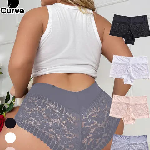Women's Plus Size Lace Patchwork Thong Panties, High Waist Elastic Comfortable Nylon Underwear, High Waisted Panty, Breathable All Seasons Wear, Sheer Lace Panty
