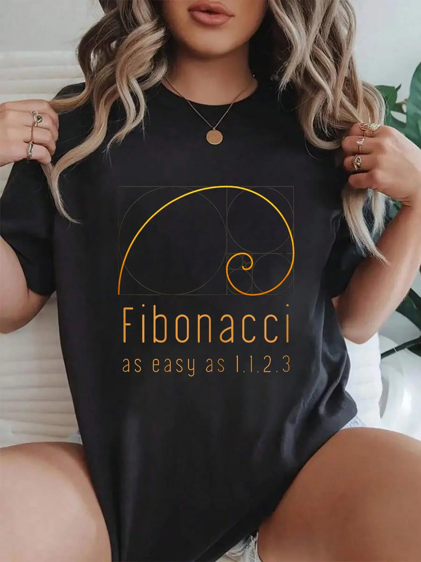 100% cotton Fibonacci Sequence   Golden Ratio Math Nature T-Shirt Crew Neck short Sleeve T-Shirt, Casual Print Graphic Cotton Tees Women Tops