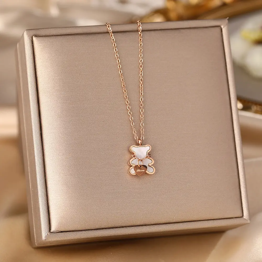 Rose Gold & Silver Bear Pendant Necklace-Shine Bright with Mother-of-Pearl, Sensitive-Skin Safe,Everyday Cutness, Birthday Gifts Anniversary Gifts Ready