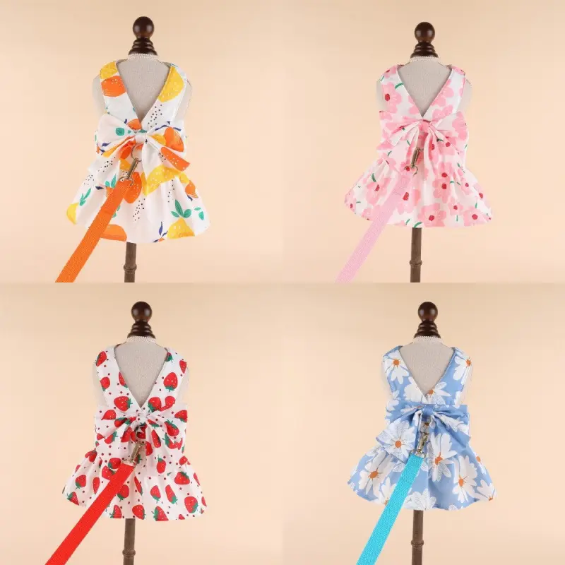 Dog Dress with Bowknot Harness & Leash Set, Floral Print Summer Outfit for Small Dogs, Breathable Mesh Keeps Pet Cool