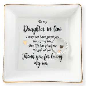 HOME SMILE for Daughter in Law Ceramic Ring Jewelry Dish Tray Plate for Birthday Christmas Valentines Wedding-Thank You for Loving My Son