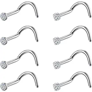 8PCS G23 Titanium Twist Screw Nose Studs 18G 20G Nose Rings 2mm 2.5mm 3mm Clear Pink Purple Aurora CZ Gold Nose Piercing Studs Nostril for Women Men