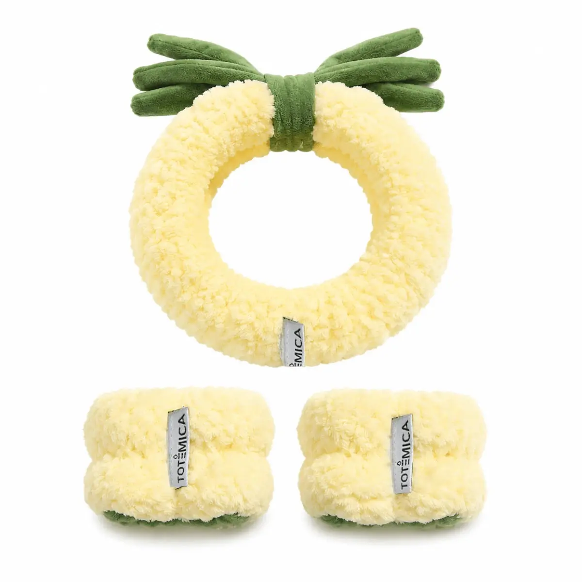 Totemica Spa Headband & Wristband Pineapple | Skincare Headband + Anti-Drip Wristbands ‍️ Soft Plush Spa Set | Reusable Kawaii Beauty Essential