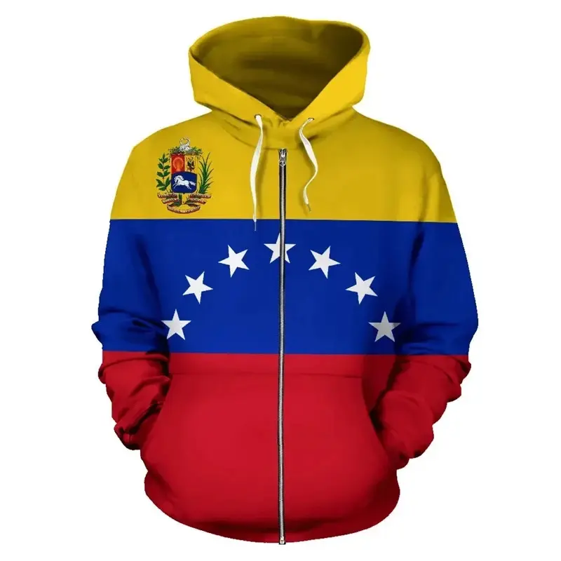 Menswear Long-Sleeve Zip-Up Hoodie for Men - Casual Polyester Sweatshirt with Venezuela Flag Map Print, Sportswear Top, Longsleeves