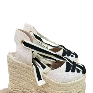 Platanfroma Juli/sandalia Beige & Black Espadrille Wedge Shoes with Braided Yute Design for Women & Girls Stylish Platform High Heels Comfortable Lace-Up Adjustable Fit