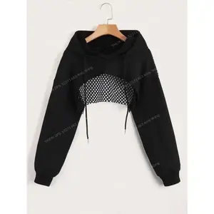 Sport Drop Shoulder Drawstring Hollow Out Super Crop Sports Hoodie Without Cami Top Cropped Hoodie