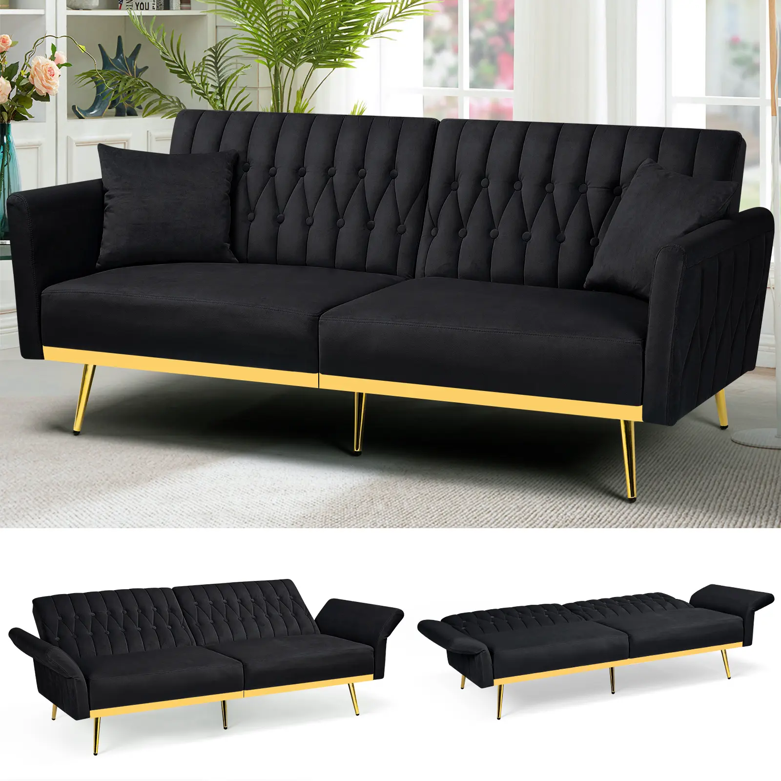 ACMEASE 70 In Velvet Fabric Convertible Sofabed - Loveseat Sleeper Couch with 2 Pillows, Adjustable Armrests, Extendable Seat for Living Room, Bedroom