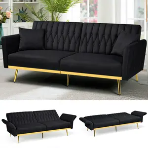 ACMEASE 70” Velvet Futon Sofa Bed with 2 Pillows and Adjustable Armrests, Convertible Sleeper Bed, Modern Loveseat for Living Room, Bedroom