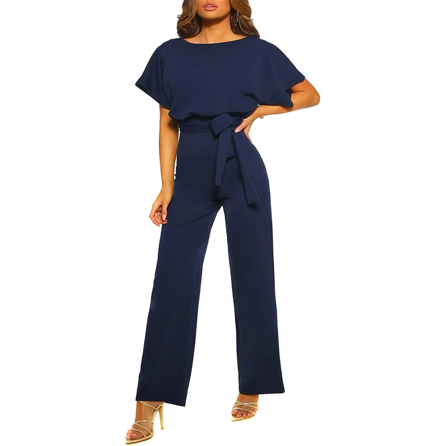 Women Casual Loose Short Sleeve Belted Wide Leg Pant Romper Jumpsuits