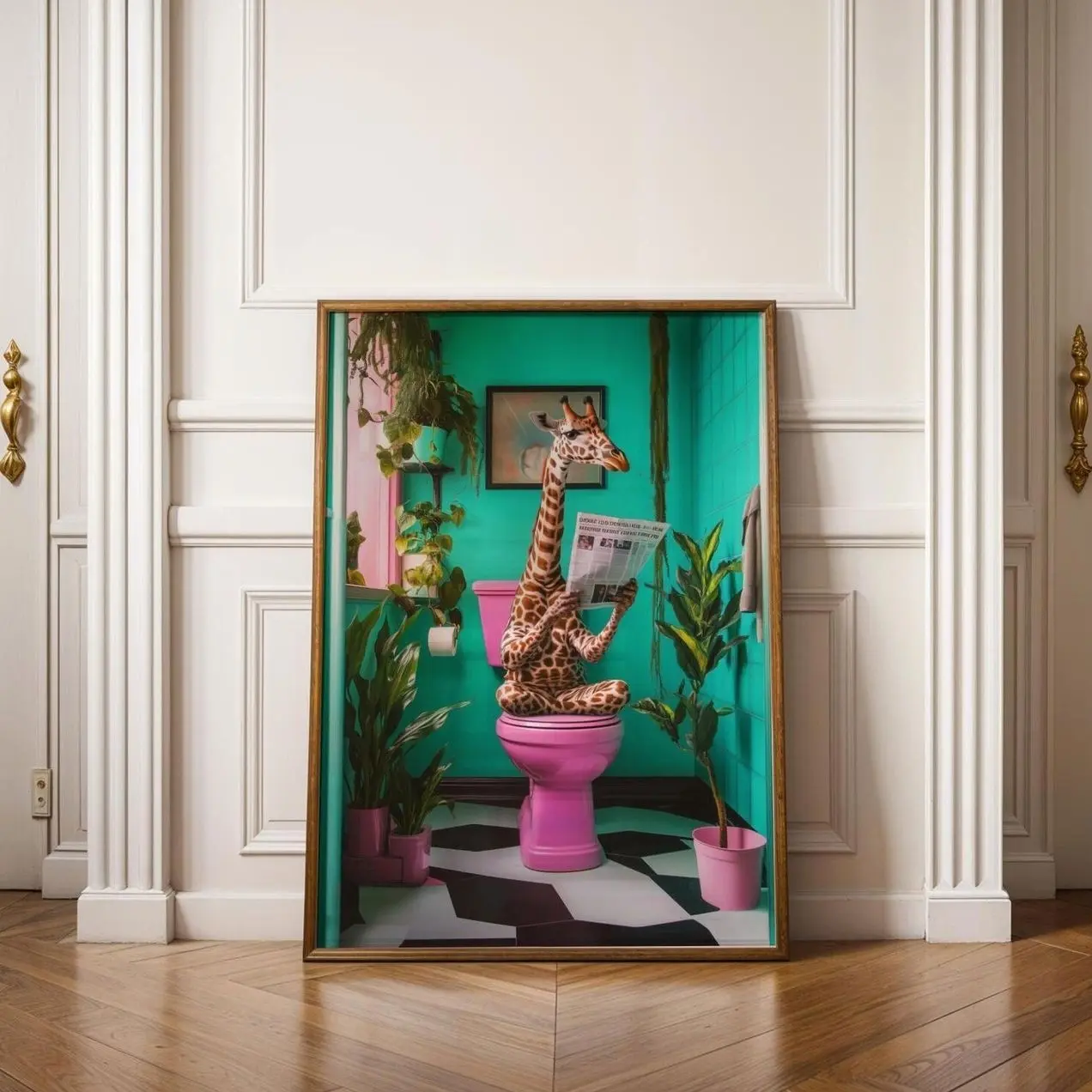 Giraffe on Toilet Wall Art, Funny Bathroom Decor, Funky Pink Animal Print W