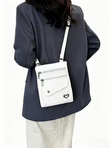 Vintage Soft Leather Crossbody Bag, Multi-Pocket Casual Shoulder Bag, Heart-Shaped Hardware Design, Stylish and Functional Accessory