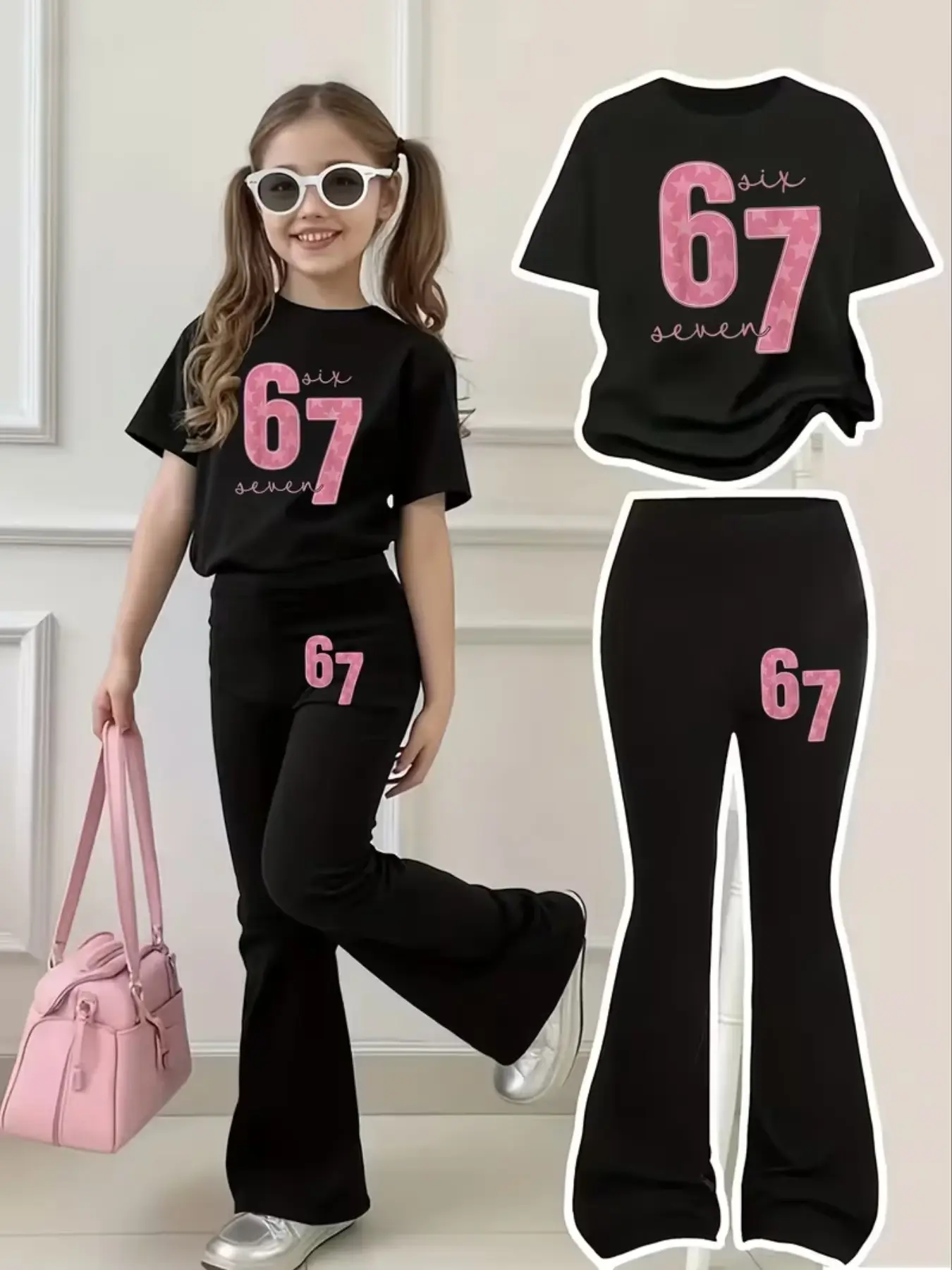 Girls' Sweet Cool Star '67' Print Short Sleeve Bell Bottom Set, T-Shirt with Star Pattern, Casual Breathable Comfort Clothing Sets