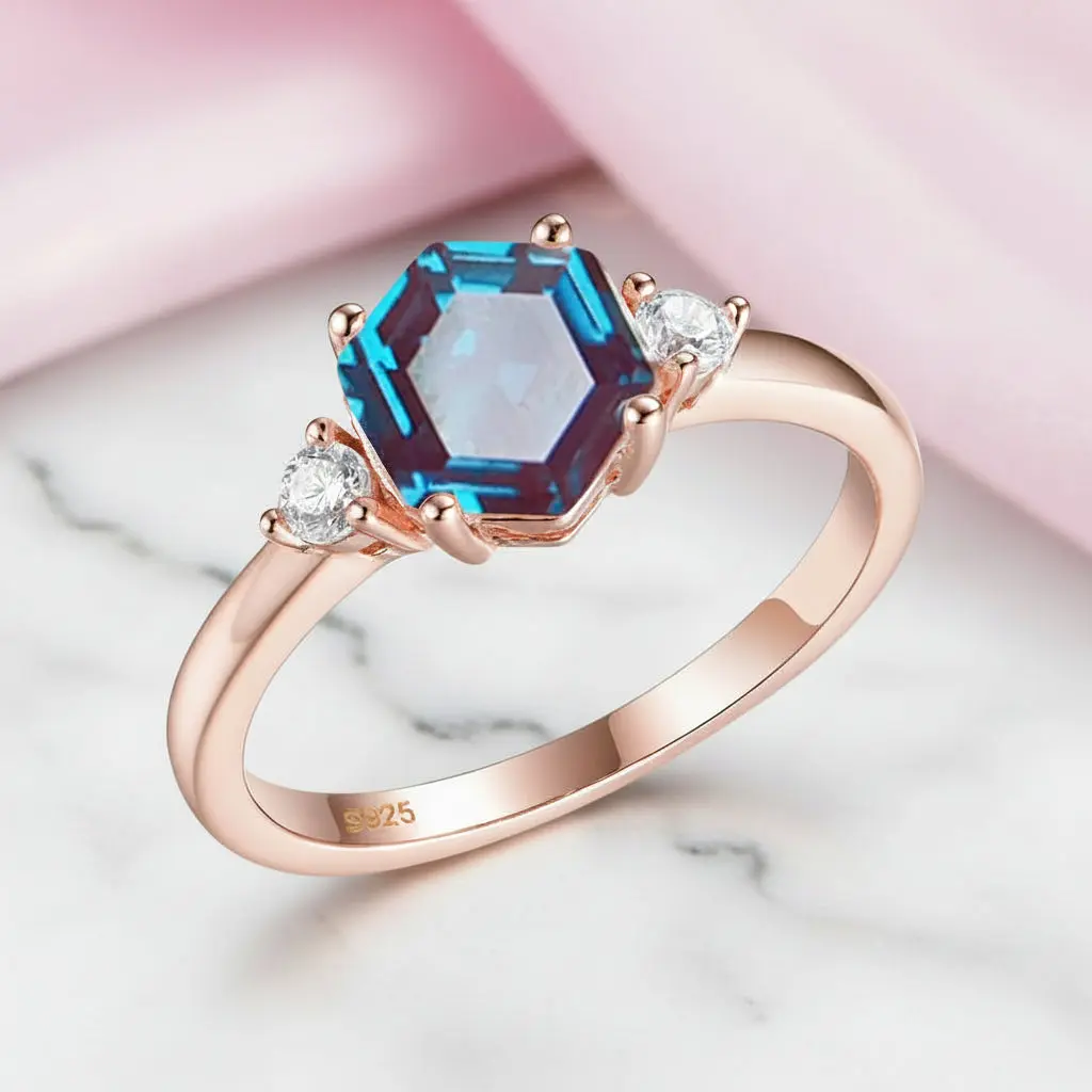 Hexagon Lab Grown Alexandrite Gemstone Ring
