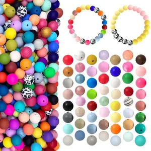 500pcs silicone bead solid color kit with cow print,15mm round straight hole, various colors, suitable for DIY jewelry making, bracelets, keychains, and decorative accessories