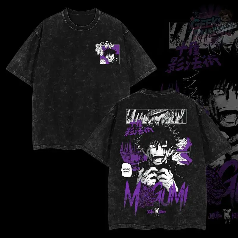 GeeksRule4U Jujutsu Kaisen Megumi Fushiguro Never Mind Men's Casual Short-Sleeve T-Shirt - 100% Premium Cotton, 230gsm, Relaxed Loose Fit, Oversized Washed, S-3XL, American Made Tops Clothes, Menswear