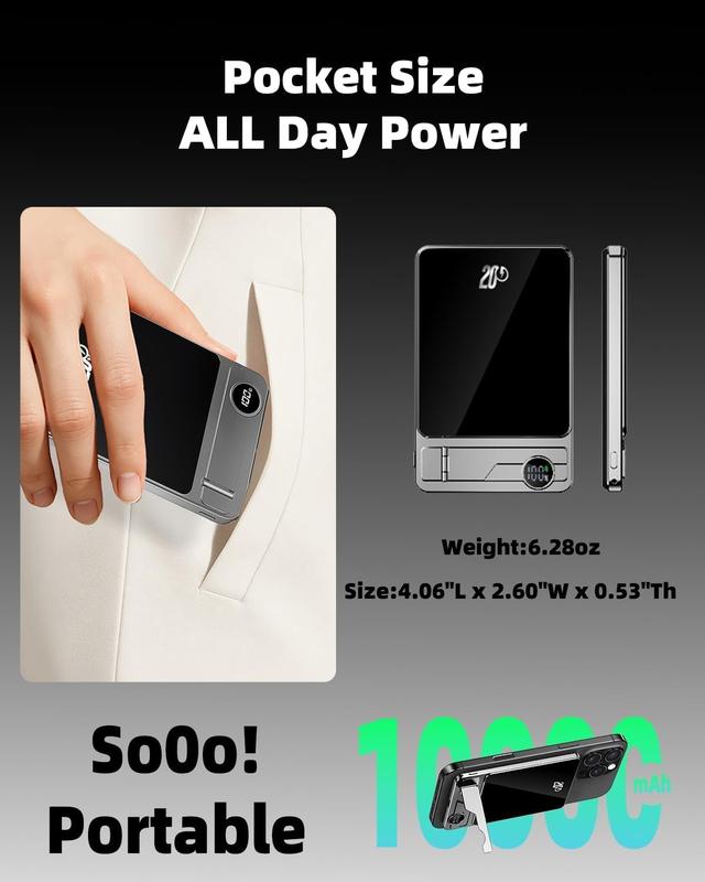 MagSafe Portable Charger 5000mAh, 20W USB-C PD Fast Charging Magnetic Power Bank with Foldable Stand & LED Display, Wireless Charging for Phone, Watch & Earbuds, Compatible with iPhone 17/16/15/14/13/12 Series