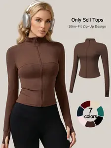 women zip up jacket long sleeve waist shaping figure flattering stand collar yoga wear casual versatile trendy solid loungewear comfy all season skin friendly pajamas thumb hole daily active airport travel outfit