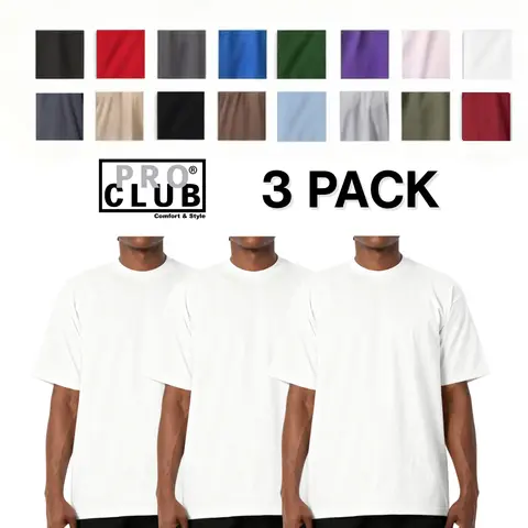 3 PACK Pro Club Men's Heavyweight Cotton Short Sleeve Crew Neck T-Shirt - LA Streetwear, Big & Tall Oversized Casual Tops, S to 5XL Ribbed Details