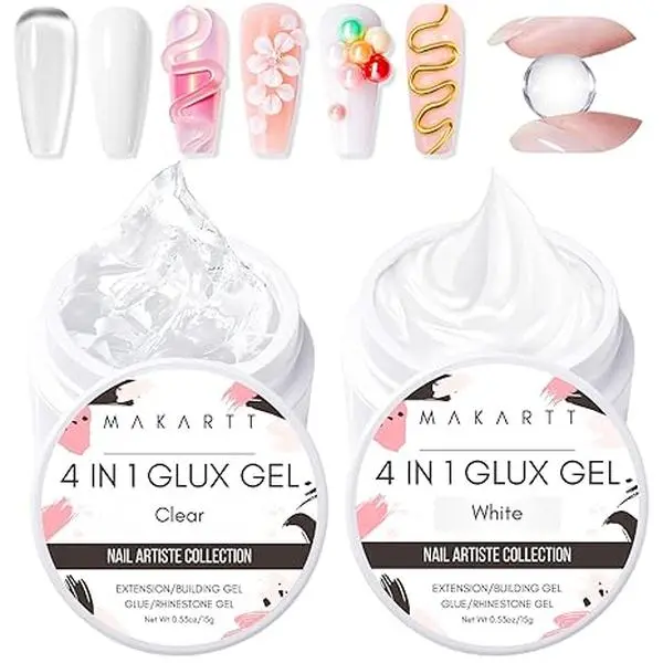 Makartt 4-in-1 Solid Builder Gel Kit, Non-Sticky UV Hard Gel for Nail Extensions, 3D Sculpting & Manicure, 2 Pcs Cosmetic Set (Clear & White), Acrylic Nail Set, Flawless, Nails Supplies
