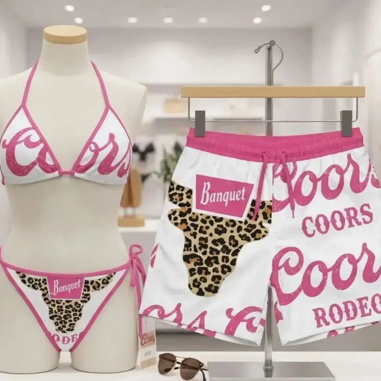 Vintage Coors Inspired Matching Couples Swimwear, Women's Swim Bra & Tie-Side Bikini, Men's Quick-Dry Beach Shorts, Summer Vacation Outfit